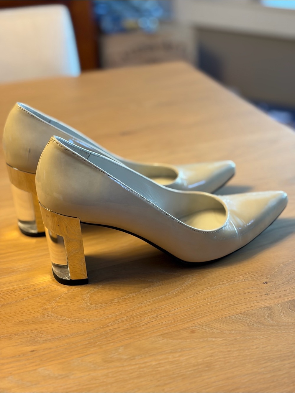 Stuart Weitzman Cream Patent Pointed-Toe Pumps with Gold Block Heel